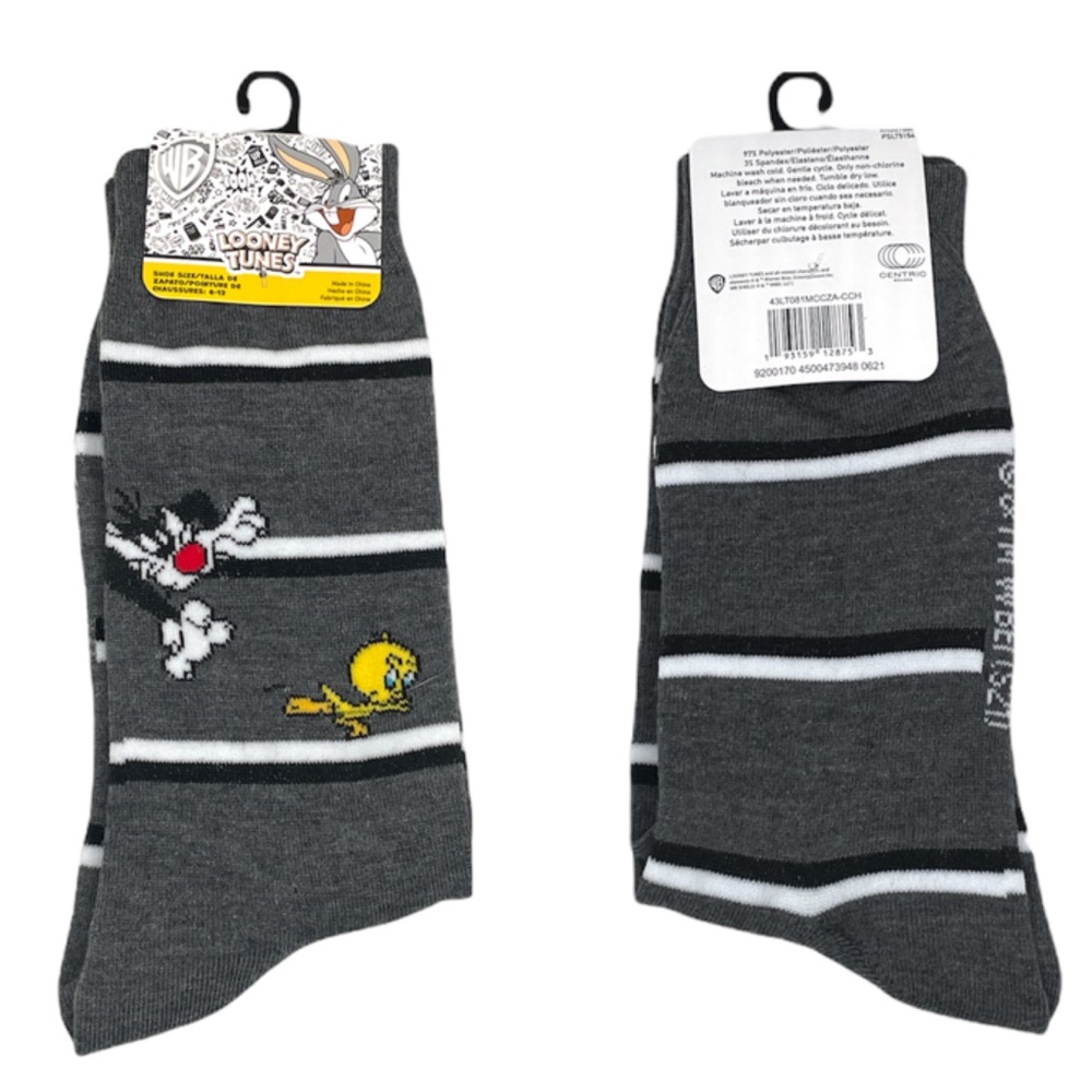 Looney Tunes Sylvester and Tweety Crew Socks, Gray, One Size Fits Most